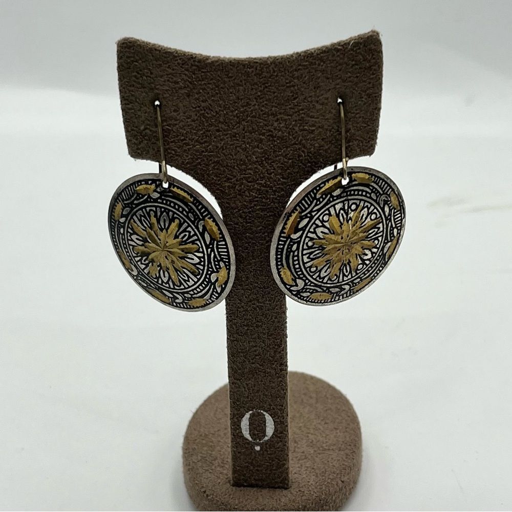 Elegant art deco Gold tone etched and Silver dangle Earrings